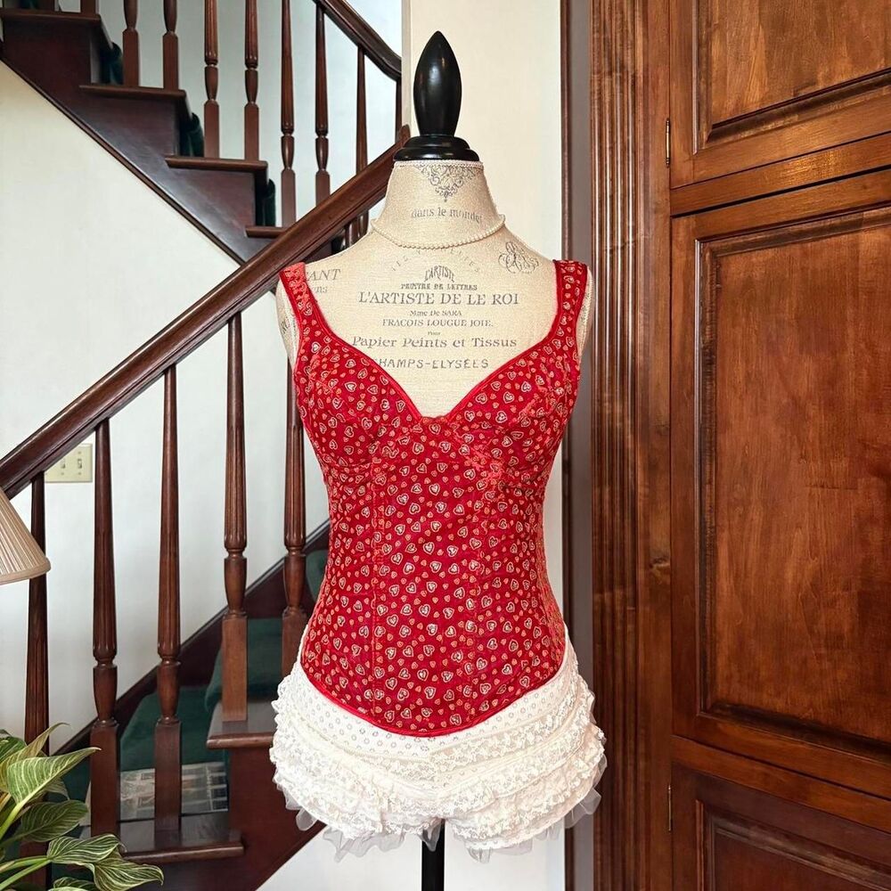 Fredericks of Hollywood Vintage Rare Red Gold Corset Bustier Heart Print Glitter